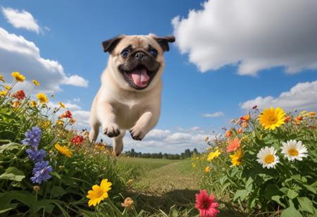 Highly detailed photograph of a pug puppy leaping through the air above a field of colorful flowers. Side view. Floppy ears, floppy tongue, big eyes, very cute, very happy, joyful. Blue sky with fluffy clouds. Bright sun, (god rays).