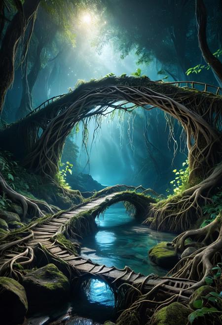 An ancient bridge made of living roots and vines spanning across a crystal-clear river, bioluminescent plants illuminating the path, dense forest in the background, mist rising from the water, serene and magical atmosphere, cinematic lighting, hyper detailed, fantasy landscape, PG-TR