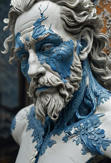 This exceptional masterpiece showcases unparalleled quality, boasting extraordinary hyper-detailed and ultra-detailed UHD (Ultra High Definition) visuals. The portrait displays perfect anatomy, capturing a close-up of a majestic, weathered, and outworn old Fantasy White and blue porcelain sculpture of a god. The masterful work by Dring exudes realism, with rust paint peeling off and an atmospheric haze adding depth to the scene. The cinematic composition is further enhanced by soft shadows and a composition reminiscent of National Geographic photography, instantly inspiring awe and appreciation for the incredible level of craftsmanship.