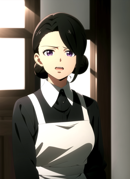 promisedNeverland <lora:promisedNeverland_offset:1>, masterpiece, best quality, 1girl, solo, purple eyes, apron, black hair, indoors, single hair bun, looking at viewer, hair bun, anime coloring, upper body, window, maid, open mouth, shirt, white apron, dress, blurry