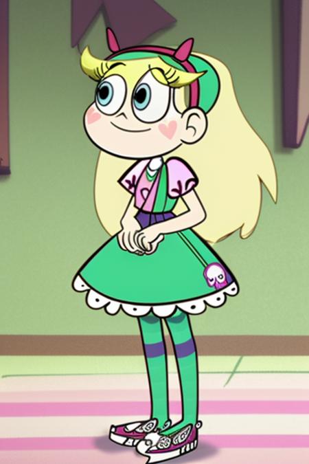 (masterpiece, best quality, high resolution:1.4), 1girl, woman, star butterfly, purple squid outfit, looking at viewer , green hair <lora:StarButterfly_v1.1:1>