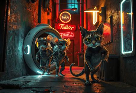 Two tiny mice, dressed in high-tech, advanced spacesuits with glowing visors and futuristic gadgets, are stepping out of a small, sleek alien spacecraft. Their faces are lit with excitement and wonder as they eagerly anticipate meeting Earth's inhabitants. However, they’ve mistakenly landed in a gritty, dimly lit urban alleyway with a few neon signs casting light . The walls are covered in graffiti, and trash bins line the narrow space. Emerging from the shadows, an alley cat with a muscular physique, sleek fur and piercing gold and green eyes is poised to pounce, toward the unsuspecting mice. The scene is illuminated by a flickering streetlight neon and neon signs, casting eerie shadows across the alley., architecture, fashion, poster, 3d render