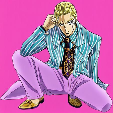 Yoshikage Kira Blonde hair, lilac suit, blazer, striped shirt, necktie, blonde hair, blue eyes, short hair