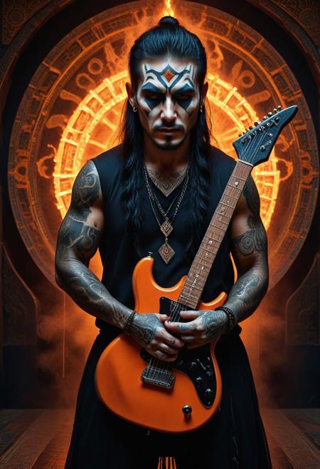 Stable_Yogis_Anatomy_Positives_V1, Stable_Yogis_Realism_Positives_V1, Stable_Yogis_General_Positives_V1, realistic, realism, a cinematic photo of a shaman guitar, adrr-shmn, tattoo, colored skin, jewelry, facepaint. clear focus, high resolution image, cinematic lighting, dramatic shadows, masterpiece, best quality, very aesthetic, 4k, highly detailed, sharp focus, dynamic lighting, flux-style,