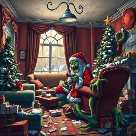 masterpiece,best quality,amazing quality, big colorful living room, broken christmas decorations, big broken christmas tree, broken window, broken sofa, destroyed gifts, messy, disorganized, cold air with snow enters through the broken window, unlit fireplace, a swinging spotlight hanging from the ceiling 
Santa Claus hiding behind an armchair with dirty and torn clothes dirty face tired breathing deeply holding a candy bar as if it were a gun, big green grinch savage monster big fangs saliva dripping from mouth walking searching sniffing red eye hunched position