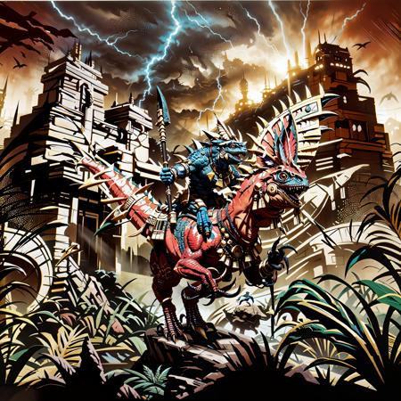 Generate a stunning art style, a true [masterpiece] [best quality] of art. The image showcases [detailed linework], [dynamic shading], and [dramatic lighting], bringing to life a [dreading atmosphere, grim dark coloures] . In the background a [tempel city, jungle, warhammer fantasy] is to be seen in [grand:1.8, high-scale:1.8, panorama:1.8] from [from below]. A [thunder storm:1.2, midnight, horror ambiance] is raging.
raptadon lancer is [solo, charging forward, standing on raptadon] into enemy. It is  wearing [wearing gold mask with feders, thigh armour with belt attachment, bangle on left arm]. It is  [holding spear in right hand, holding polearm in right hand] .
<lora:whf_slann-000005:1>