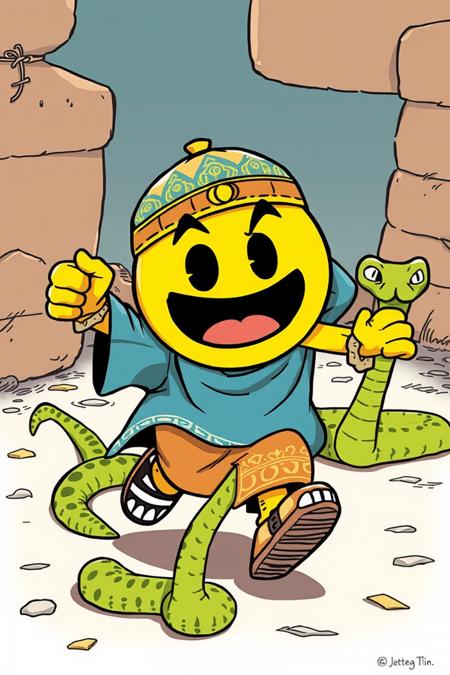 illustration of pacman dressed as a Moroccan snake charmer running away from an angry snake, cartoon, detailed,