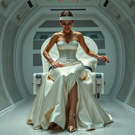 A slender, arrogant bride, dressed in a luxurious, rich fantasy satin wedding gown with a fitted, boned corset and a full, flared skirt, paired with satin high heels, struggles to break free from her restraints, her face contorted in a scream of desperation. The brainwashing headband, is secured to her temples, connected to a vintage CDC6000 supercomputer looming in the shadows. Her hands and ankles are bound to a biomechanical white chair, adorned with wet-look glossy pearl pillows, by massive steel restraints, accentuating her ultra-thin waist. The scene is set in a sterile, empty chamber, with a glossy mother-of-pearl finish, evoking a sense of futuristic dread. Inspired by the cinematic styles of Ridley Scott, Guillermo del Toro, and H.R. Giger, with a blend of sci-fi and horror elements, this full-body portrait is a masterpiece of cinematic storytelling, shot on a virtual v-raptor XL camera, with a warm, film-grained aesthetic, subtle vignette, and rich color grading, reminiscent of 35mm film, with dramatic, atmospheric lighting, inviting the viewer to immerse themselves in this epic, stunning scene.