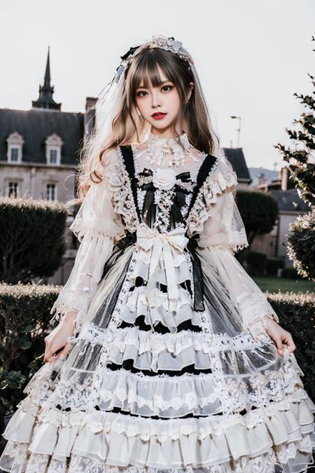 realistic, photorealistic, masterpiece, best quality, top quality, ultra high res, lolita_dress, 1girl, solo, slim, looking at viewer, full body, long hair, standing, dynamic pose, detailed background, in garden, castle, netural lighting, (pureerosface_v1:0.5), <lora:Cute Asian Face:0.6>, <lora:chinaDollLikeness_v10:0.2>, <lora:lolita_fasion_dress_classic_style2:0.7>