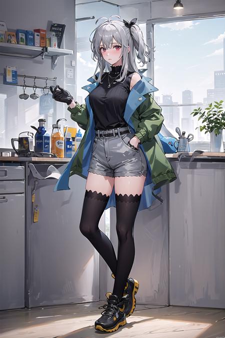 (masterpiece,best quality, detailed), indoors, kitchen, looking at viewer, 1girl, solo, full body, standing, cowboy shot, blush, nose blush,
SKADITEA, 1girl,green jacket, black gloves, black shirt, black thighhighs,looking at viewer, shorts, large breasts ,  <lora:SKADITEAV2-pynoise-000009:1>