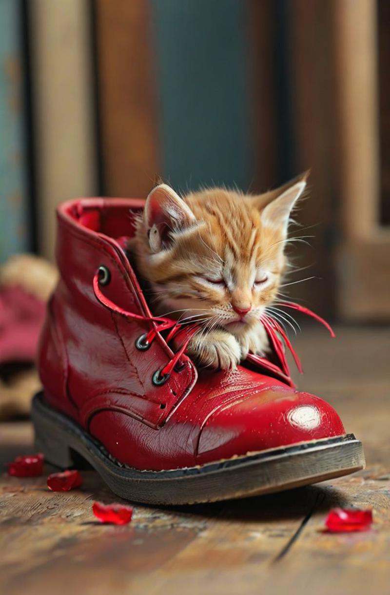A small kitten sleeping inside a red boot.
