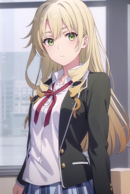 yumikomiura, <lora:yumiko miura s2s3-lora-nochekaiser:1>, 
yumiko miura, long hair, blonde hair, (green eyes:1.3), drill hair,
BREAK skirt, ribbon, school uniform, jacket, black jacket, plaid, plaid skirt, blazer, sobu high school uniform,
BREAK indoors, classroom,
BREAK looking at viewer, (cowboy shot:1.5),
BREAK <lyco:GoodHands-beta2:1>, (masterpiece:1.2), best quality, high resolution, unity 8k wallpaper, (illustration:0.8), (beautiful detailed eyes:1.6), extremely detailed face, perfect lighting, extremely detailed CG, (perfect hands, perfect anatomy),