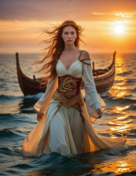 freyja, auburn hair, braided hair, magic, forest, mythic beauty, <lora:NBN-Freyja_NordicByNature:0.8>, ,nbn-freyja Navigating the Seas, A determined Viking explorer steering a wooden longship through misty Baltic waters. She grips the ship’s helm, eyes fixed on the horizon. The ship is adorned with carved dragon heads, and the sea churns beneath her, reflecting the fiery hues of the setting sun.,low light, soft natural light, Rembrandt style light, Hasselblad DLSR camera, 200mm Zeiss lens, f/2.8, clear focus, high resolution image, ,Sexy pose, erotic pose, exhibitionism, ,Japanese garden