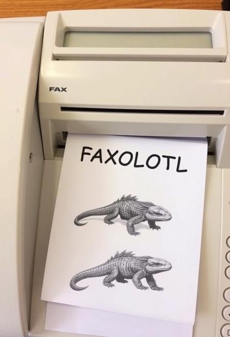 The image is a photograph of a  fax machine printing a paper with a  the text "FAXOLOTL" and a low quality black and white image of an axolotl.