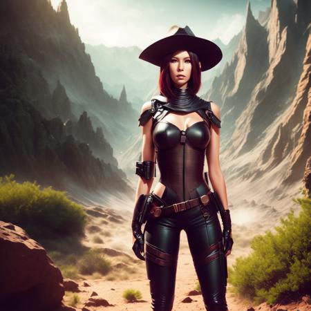 an attractive woman [gunslinger:bounty hunter:0.4] standing in a scifi wilderness (prismascopes style:1) <lora:djzPrismaScopes_LB2:0.8>