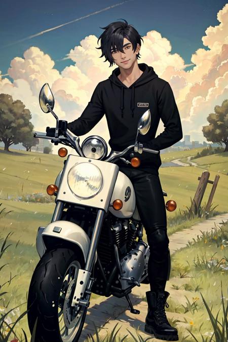 masterpiece, best quality, sebastian sdv, 1boy, solo, motorcycle, outdoors, boots, black pants, sky, grass, sitting, black hoodie, cloud, looking at viewer, black footwear, short hair, hair between eyes, black hair, full body, smile, long sleeves, tree, closed mouth, bangs