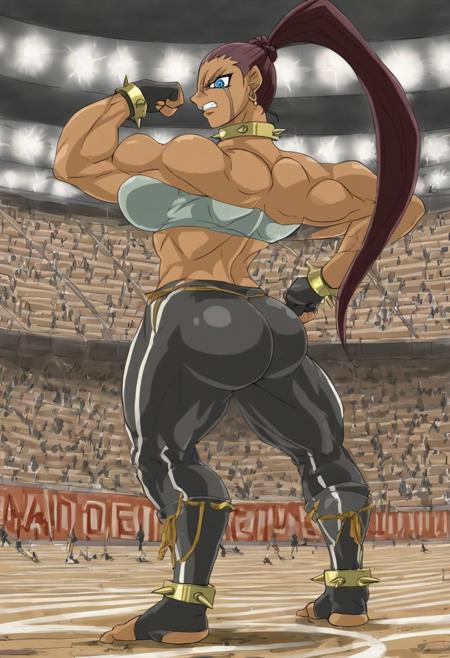 <lora:TaniaPony1.0:0.8> taniayugi, scar, 1girl, 
 tube top, tight clothes, solo, high ponytail, hoop earrings, long hair, spikes, spiked collar, blue eyes, earrings, brown hair, breasts, gloves,cleavage, bare shoulders, fingerless gloves, spiked bracelet,colosseum,  huge muscles, very bulky,  flexing, posing, snarling, macro size, butt pose