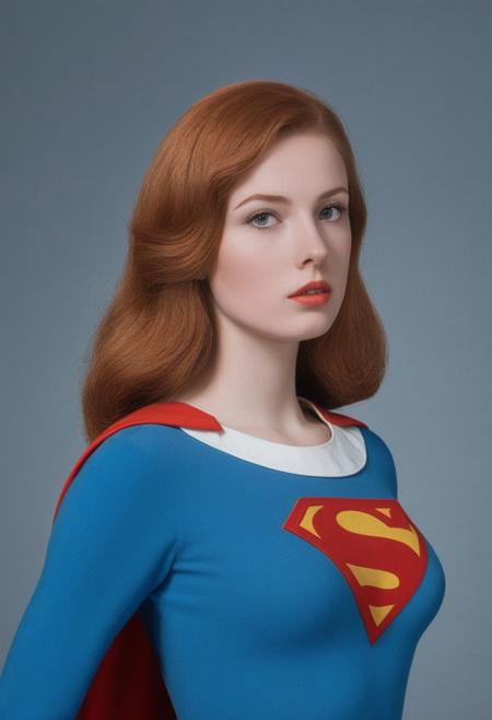 Surrealism, 1960's redhead woman as Supergirl, long hair, superman uniform, blue uniform