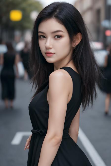 ((tall mature body)), (fair white skin), (upper body:1.2), (lower body:1.2), nikon RAW photo,8 k, Fujifilm XT3,masterpiece, best quality, realistic, photorealistic, ultra detailed, extremely detailed face, solo,1girl, standing at an empty street, fashionable and trendy atmosphere, and a stylish expression on her face, (medium waist), (medium hip), (((black dress))), sleeveless, loose dress, (medium breast), (midnight), looking at viewer, close up,