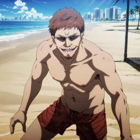 masterpiece,high quality,ultra high definition,solo,city,
<lora:sisyou001:0.7>,
sisyou,1man,
short hair,brown hair,brown eyes,sunglasses,stubble,goatee,
shirtless,shorts,ocean,beach,sunshine,
open mouth,sharp teeth,smile,
cowboy shot,