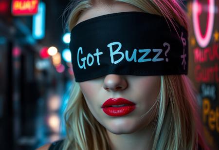 Close up portrait of a beautiful white girl with red lipsticks, blonde hair, wearing a black blindfold that says "Got Buzz?" on it in bold white letters. The female character is a dark alley at night. Its raining and the city/neon lights are reflecting off the wet surfaces.