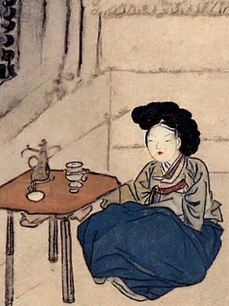 a woman in the cafe, shinyunbok style <lora:shinyunbok_sd2:1>