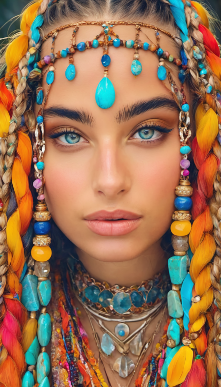 noa kirel face focus, wearing gypsy gemstone garb looking colorful bohemian layered, closeup, centered, facing viewer,  [cartoon, vector art, anime :realistic, real life, hyper realistic:0.15],
twin braids, mixed media, glib,
masterpiece, beautiful, young, professional, photo, high quality, highres <lora:noa_kirel_sdxl_1.0:1>