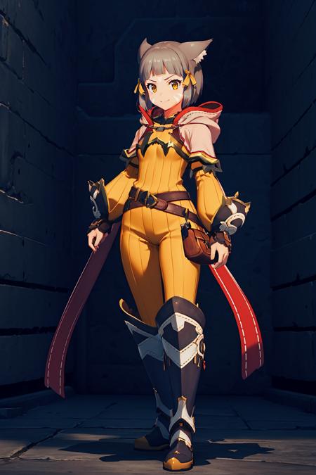 <lora:NiadajiaV3:0.8>,niadajia,1girl,solo,grey hair,short hair,blunt bangs,tips pointing backward cat ears,yellow head ribbon,white facial mark,yellow eyes,smile, 
high-collared yellow bodysuit with white trim,pink hood with pairs of long ribbons,flat chest,hood down,black white gauntlets,metallic buckle belt,black white leg armor with red boots,, Exquisite visuals, high-definition,masterpiece,best quality,Exquisite visuals,high-definition,masterpiece,best quality,18yo,Young female,Beautiful Fingers,Beautiful long legs,Beautiful body,Beautiful character design,