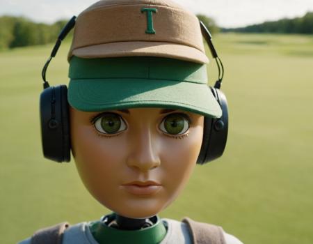 cinematic still create a picture of a robot head similar to the one in the movie I-ropot. the head has deep green eyes. The head is wearing a golfer's cap which is light brown. He is also wearing a headset . emotional, harmonious, vignette, 4k epic detailed, shot on kodak, 35mm photo, sharp focus, high budget, cinemascope, moody, epic, gorgeous, film grain, grainy, create a picture of a robot head similar to the one in the movie I-ropot. the head has deep green eyes. The head is wearing a golfer's cap which is light brown. He is also wearing a headset, created new dynamic composition, dramatic atmosphere, cinematic, beautiful, creative, highly detailed, intricate, stunning, sharp focus, futuristic, professional fine