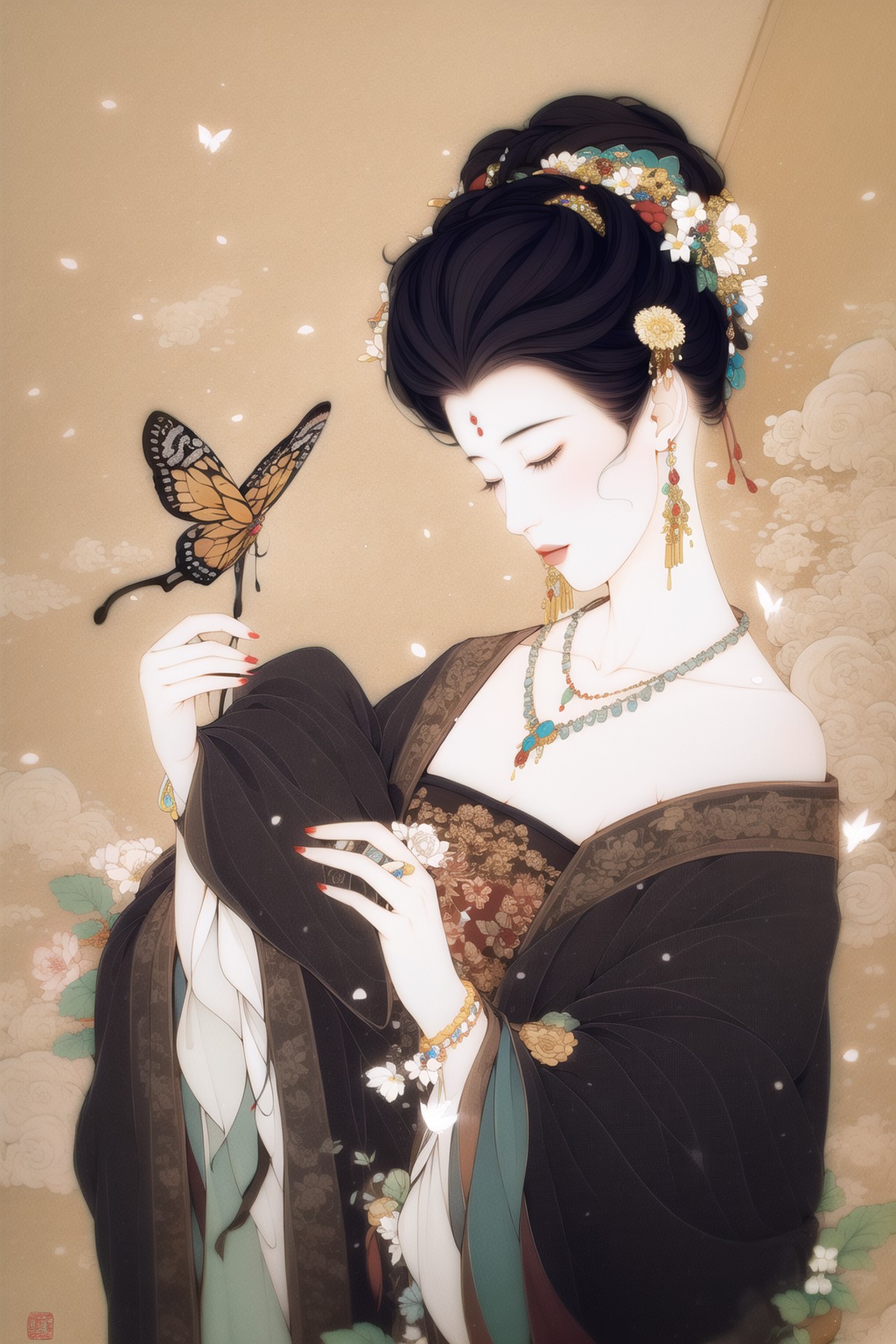 butterfly, flower, bug, 1girl, nail_polish, jewelry, necklace, black_hair, closed_eyes, solo, dress, holding_flower,black_...