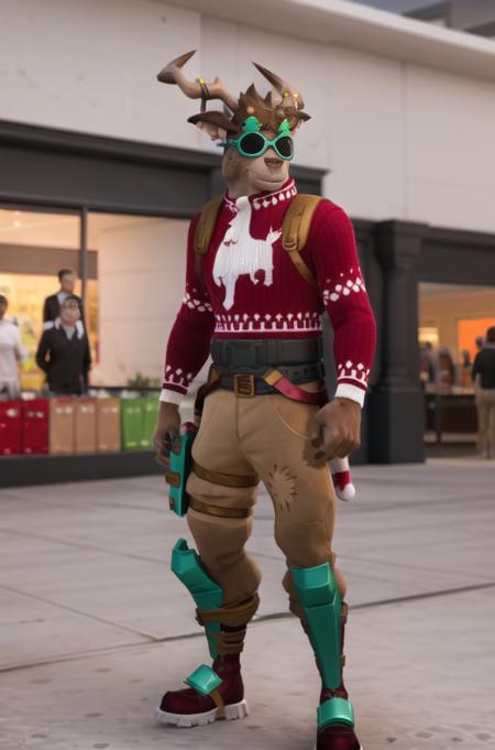 <lora:Fortnite_Dolph-000090:0.7>, looking at viewer, best quality, volumetric lighting, outside, cgi, 3d, octane render, ambient occlusion, Fortnite_Dolph, posing, Novelty Glasses, Christmas Sweater, Belt, Christmas Stocking, Christmas Lights, Candycane, Pistol Holster, Christmas Ball Ornament, Khaki Pants, Shin Guards, Boots, Widow's Promise, Sword, (((smiling, shopping mall)))