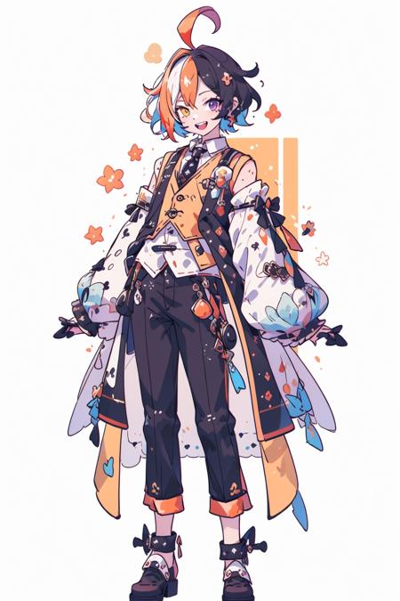 <lora:powderblue:1>, virtual youtuber, 1boy, orange hair, male focus, solo, mole under eye, full body, mole, vest, necktie, smile, black vest, orange eyes, looking at viewer, pants, shirt, multicolored hair, heterochromia, red necktie, white background, standing, open mouth, sleeves rolled up, black footwear, purple eyes, simple background, collared shirt, black hair, black pants, short hair, buttons, ahoge, teeth, :d, official alternate costume