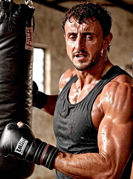 Paul Mescal a man <lora:Paul-Mescal:0.9>, punching a boxing bag in a grungy gym. Sweating it out, wearing a tight wet vest showing ripped biceps. Side view, high detail, realistic, 8k, depth of field, sharp focus, intricate, smooth, masterpiece, photorealistic, professional photoshoot quality, highly detailed detailed face, realistic skin, ultra-realistic, uhd, full body in frame, <lora:add-detail-xl:1>
