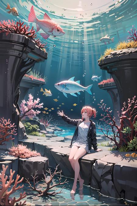 [(1girl:2), jacket, sitting in wood bench::5], underwater, air bubble, big aquarium, Sea World, group of fish, fish:1.4, Coral reefs, Coral, reefs, (minimalist), colorful, interior:1.2, play, fun