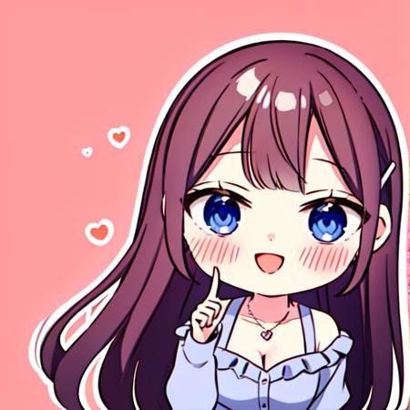 <lora:WakaSakuraba:0.85>, waka sakuraba, 1girl, long hair, breasts, looking at viewer, blush, smile, open mouth, bangs, blue eyes, simple background, brown hair, shirt, hair ornament, long sleeves, cleavage, jewelry, blue hair, collarbone, upper body, :d, heart, frills, hairclip, pants, hood, necklace, off shoulder, chibi, hoodie, pink background, index finger raised, outline, off-shoulder shirt, white outline, frilled shirt,