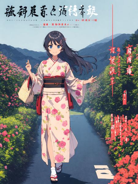 masterpiece, best quality, 1girl, solo, long_hair, looking_at_viewer, smile, blue_eyes, black_hair, hair_ornament, standing, full_body, outdoors, japanese_clothes, sky, day, hairclip, kimono, bag, sash, obi, floral_print, sandals, new_year, tabi, red_kimono, rabbit_hair_ornament, <lora:sakurajimamai:1>,  <lora:ligneClaireStyleCogecha_v10:1>