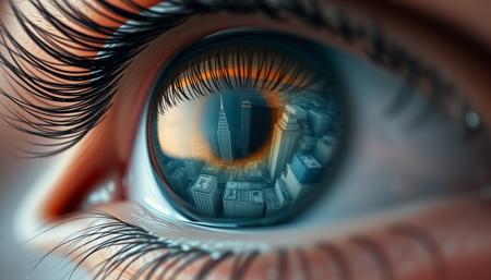 closeup view of a human eye. An aerial view of a city can be seen in the pupil

((Masterpiece, top quality, high resolution, highly detailed CG unified 8K wallpaper, low angle))