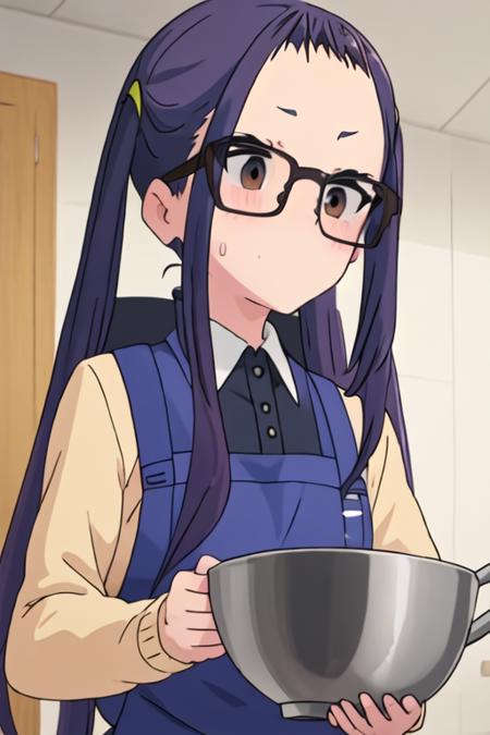 best quality, masterpiece, highres, solo, {ogaki_chiaki_yurucamp:1.15}, glasses, purple_hair, long_hair, brown_eyes, black-framed_eyewear, blue_hair, 1girl, apron, collared_shirt, shirt, indoors, food, holding, yellow_shirt, forehead, sweatdrop