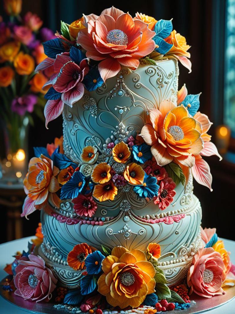 Decorative Flowers Adorn a White Wedding Cake