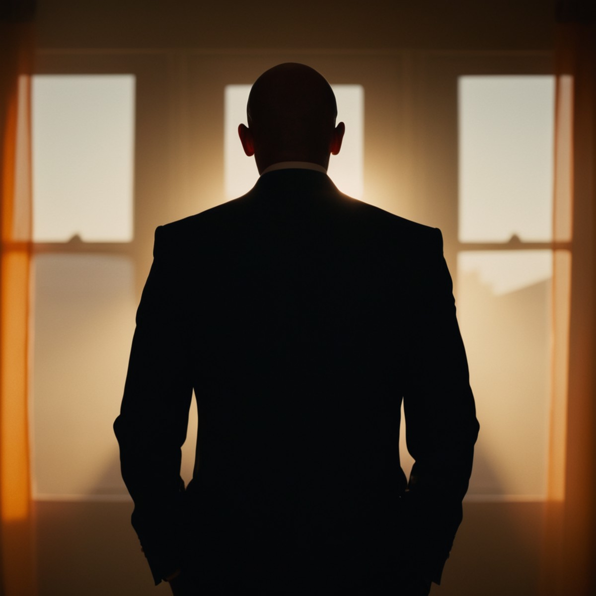 cinematic film still of  <lora:silhouette style v2:1>
A silhouette photo of a man in a suit standing in front of a window ...