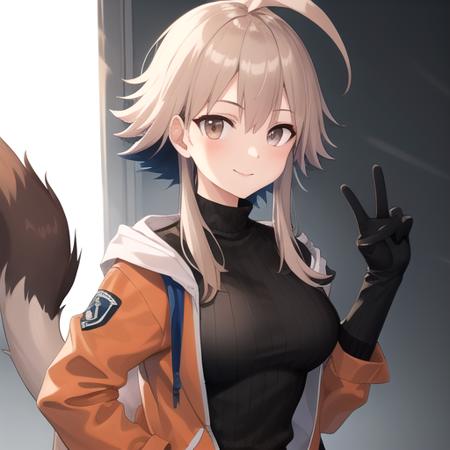 ((masterpiece)),(best quality),official art,extremely detailed CG,unity 8k wallpaper,ultra detailed,1girl,solo,upper body,(portrait:1.2),black_gloves,orange_footwear,tail,orange_jacket,ribbed_sweater,open_jacket,smile,black_pantyhose,black_sweater,sidelocks,sneakers,boots,bangs,brown_eyes,breasts,grey_eyes,long_sleeves,looking_at_viewer,ahoge,turtleneck_sweater,short_hair_with_long_locks,<lora:Mayer(ark)>,