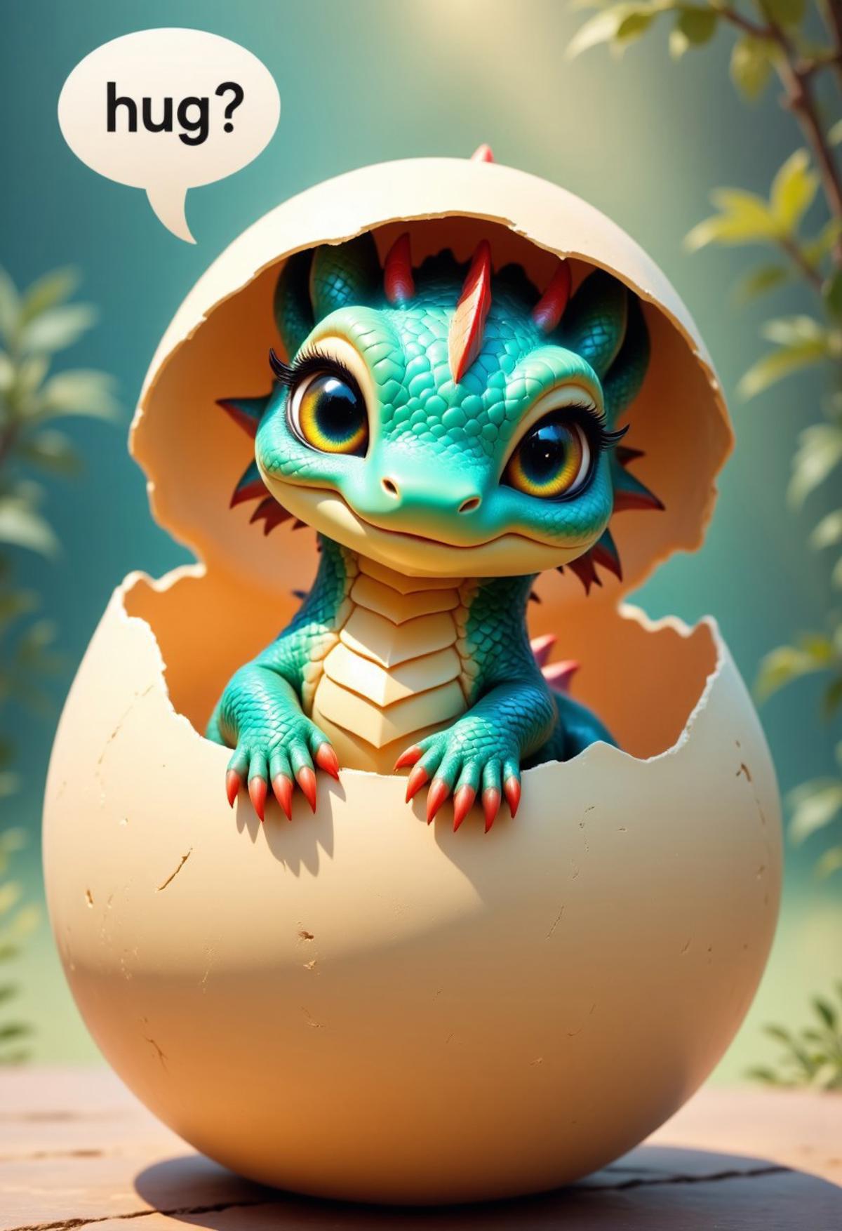 The picture captures the moment when a chibi dragon hatches from an egg, the head looks out of the top of the egg, the shell is on his head, the dragon looks super cute at the viewer, above him is a speech bubble with the inscription "hug ?", cuteness overload, its scales have rainbow colors, the dragon stretches its arms out to the viewer