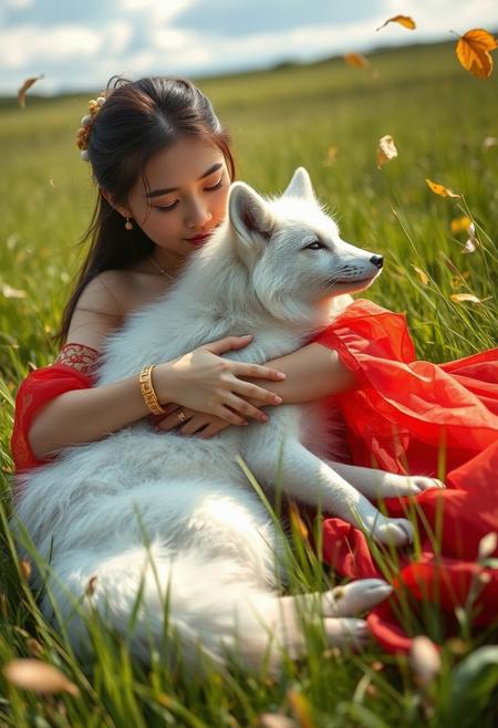 (Soft Lighting Photography by Mimoza Veliu and Mario Giacomelli:1.2), NSFW, 1 beautiful girl, hugging a white fox, in ancient Royal Chinese dress, barefoot, red sheer, (see through), gold armlet, jewelries, laying down, field, dutch angle, sunlight, wind, flying leaves, meadow, high green grass field, clouds, sexy,