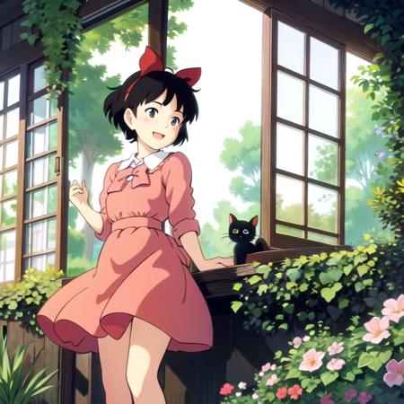 (masterpiece:1.2), best quality, masterpiece, highres, original,perfect light, 4k,8k,1girl, black cat, black hair, bow, bush, cat, day, dress, flower, foliage, garden, grass, hair bow, house, hydrangea, indoors, ivy, kiki, leaf, morning glory, open mouth, open window, overgrown, palm tree, plant, potted plant, purple flower, rain, red bow, short hair, sky, sliding doors, smile, tree, veranda, vines, wall, window, yellow flower, <lora:Ghibli-v2:0.7>