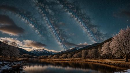 ((masterpiece:1.4,best quality)), cloud, outdoors, night, stars, moon
(mountains), spring glade, scenery, sky, winter, village, tree, river,
 high detail, abundant, 8k, high detail, wallpaper,