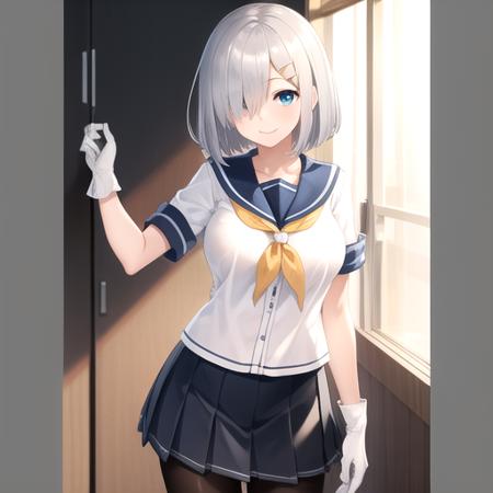 ((masterpiece)),(best quality),official art,extremely detailed CG,unity 8k wallpaper,ultra detailed,1girl,solo,cowboy shot,school_uniform,white serafuku,hairclip,blue_eyes,short_hair,hair_ornament,hair_over_one_eye,grey_hair,white_gloves,black_pantyhose,short_sleeves,smile,pleated_skirt,large_breasts,looking_at_viewer,<lora:Hamakaze(kan)>,