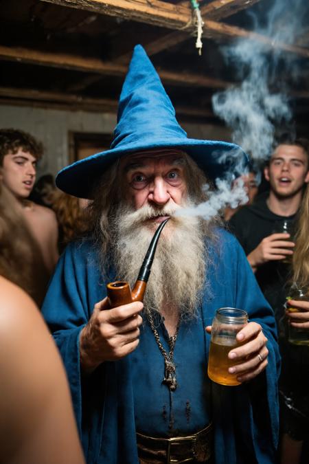 A candid paparazzi-style photo of a photorealistic old wizard in a blue pointy hat at a college party. They are drunk and partying in a dirty frat house basement. he is with a smoking pipe in the hand and a canteen of some alcohol in other. It is a candid shot with a lot of active motion, interaction, etc. Flash glare from the camera partially overexposes the image, giving it a chaotic, tabloid feel.