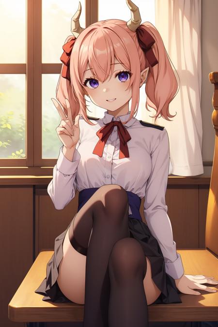 The image shows an anime-style girl with pink hair seated in a bright, sunlit room. She has striking blue eyes and her hair is styled in a short, wavy bob with bangs. She's taking a selfie with a smartphone, holding up a peace sign near her face, which is a common pose for such photos.
She's dressed in a stylish outfit that includes a white blouse with a sailor-style collar, accented with blue and adorned with a bow. The blouse has long, loose sleeves with gold buttons, giving it a chic, uniform-like appearance. She's also wearing a pleated skirt, though only the hem is visible.
The girl is wearing dark tights and is seated with her legs bent, one foot tucked under the other knee. A small teddy bear with a red ribbon is positioned by her leg, adding a cute and cozy element to the scene.
The room appears to be modern and airy, with a large window that allows plenty of natural light to filter in, contributing to the image's vibrant ambiance. Overall, the image has a cheerful and playful tone, capturing a moment of casual, everyday life.
<lora:LinieV1:0.8>,lineye,1girl,solo,short twintails,hair between eyes,pink hair,medium hair,(demon horns:1.3),dark red hair ribbon,pointy ears,purple eyes,<lora:add_detail:0.3>,<lora:è°æ´colorful_V1_lbw:0.4>,, Exquisite visuals, high-definition,masterpiece,best quality,Exquisite visuals,high-definition,masterpiece,best quality,18yo,Young female,Beautiful Fingers,Beautiful long legs,Beautiful body,Beautiful character design,