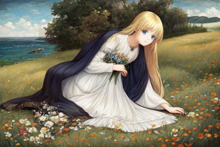 on meadow; solo waifu, gathering flowers, with blonde hair, blue eyes, white dress and black cape; exceptional, best aesthetic, new, newest, anime, masterpiece, best quality, ultra detailed; golden ratio, painting by John William Waterhouse