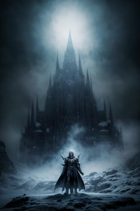 (dark mood masterpiece Photography by Gregory Crewdson:1.2),high quality, 8K Ultra HD, Ultra-high quality photos, (Extremely detailed), High quality photos, RAW photo, (photorealistic:1.4), 
Arthas Menethil as the Lich King, atop the Frozen Throne, ice and dark steel armor, Frostmourne glowing, blue fire eyes, crown of icy horns, spirits of the damned swirling, frozen landscape of Icecrown. (detailed, dark fantasy, high resolution, epic atmosphere),
dramatic lighting, atmospheric lighting, rembrandt lighting, full depth of field and realistic textures, colorful, atmospheric haze, Film grain, cinematic film still, highly detailed, high budget, cinemascope, moody, epic, gorgeous,photorealistic, candid camera, color graded cinematic, eye catchlights, atmospheric lighting, imperfections, natural, shallow dof,
 <lora:add_detail:1>,  Style-Volumetric